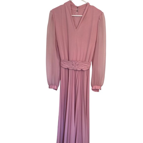 Vintage Maxi Dress Pink V Neck Sheer Sleeves Elastic Waist Embellished Waistband - Picture 1 of 5